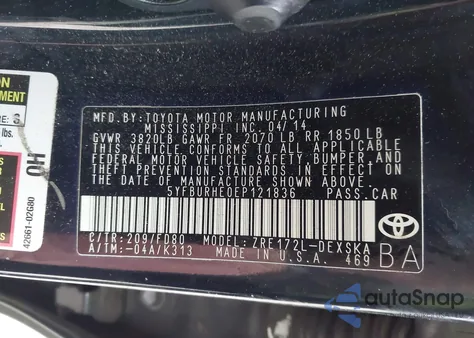 2014 Toyota Corolla S Plus from USA, damaged, VIN 5YFBURHE0EP121836